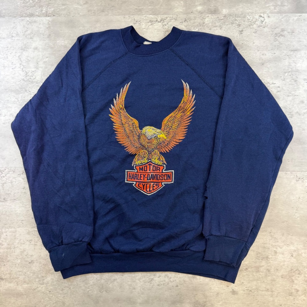 Vintage Harley Davidson Sweatshirt Navy Blue Eagle Graphic Tultex Distressed